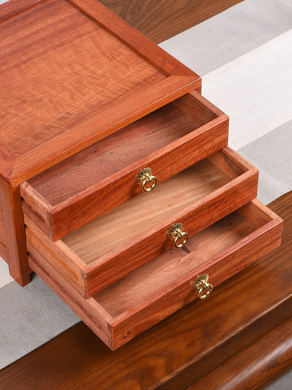 Drawer Tea Box – Burmese Padauk | 3-Drawer Organizer for Tea & Storage | Mortise Tenon Craft | Moisture-Resistant Solid Wood Box