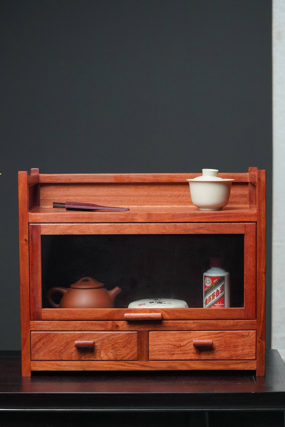 Solid Burmese Rosewood Organizer Rack with Glass Shelf