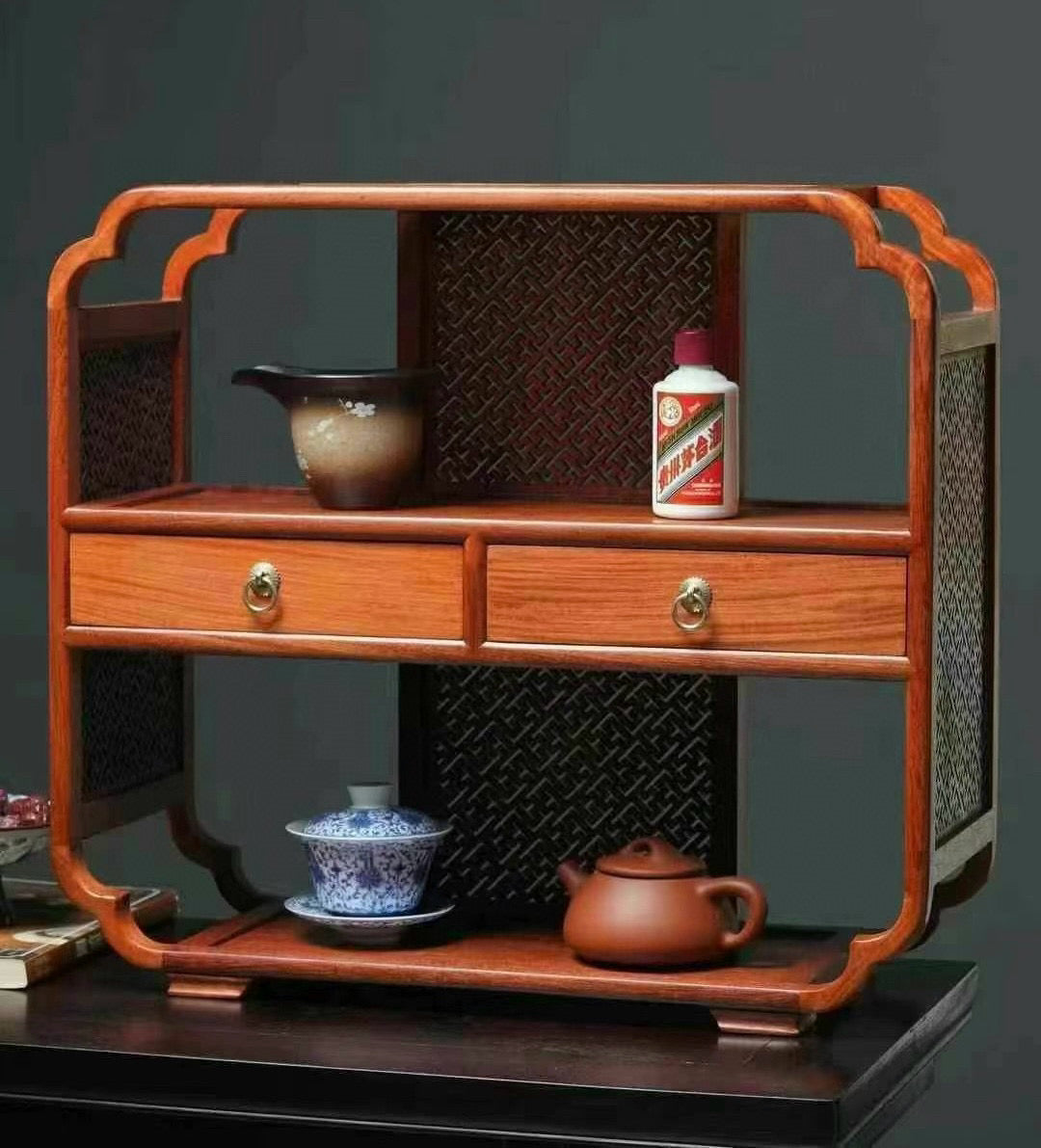 Burmese Padauk Tea Side Cabinet with Carved Acanthus Corners – Hollowed Design & Refined Craft