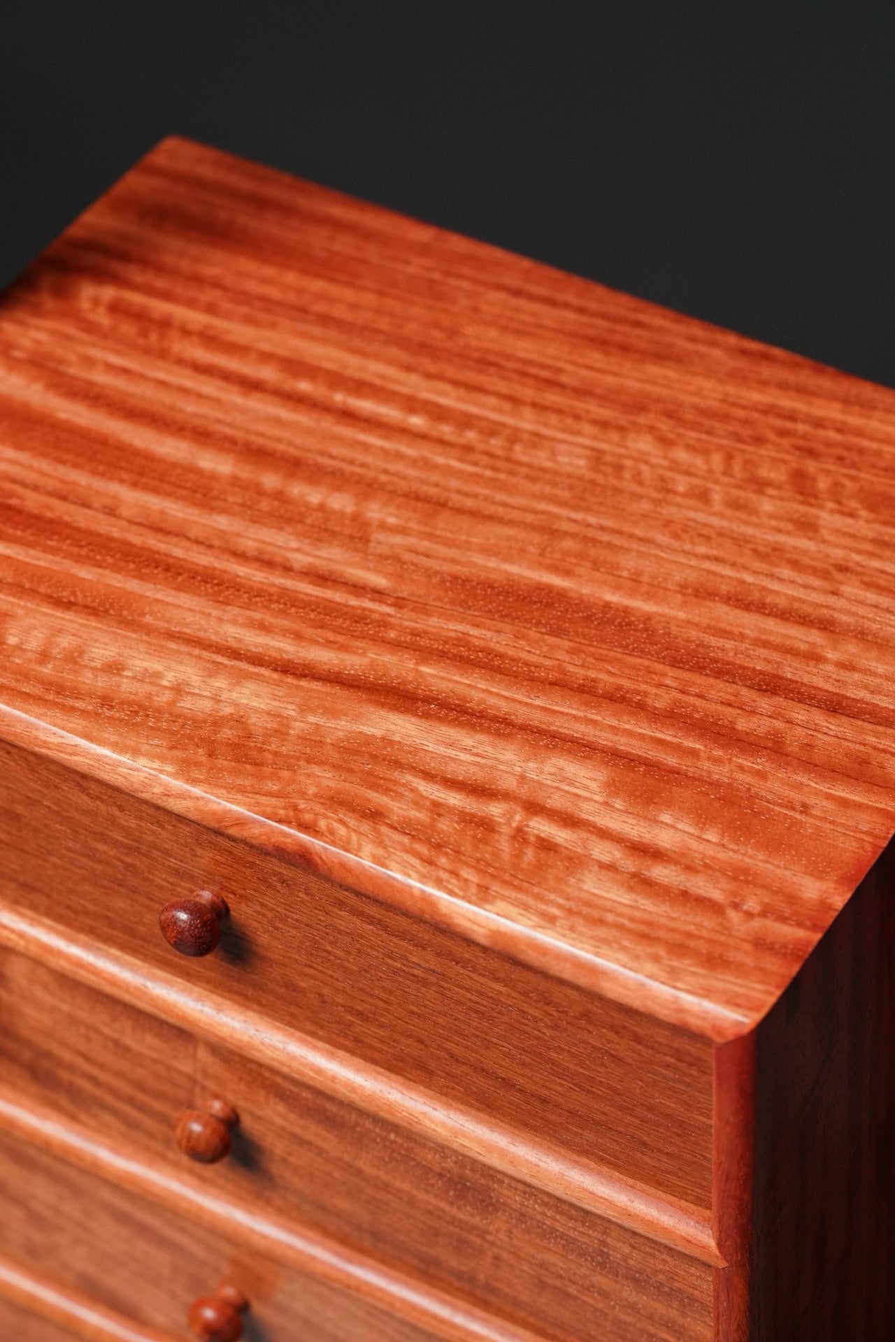 Burmese Padauk Trapezoid 5-Drawer Cabinet – Solid Single-Slab, Mortise & Tenon Joinery