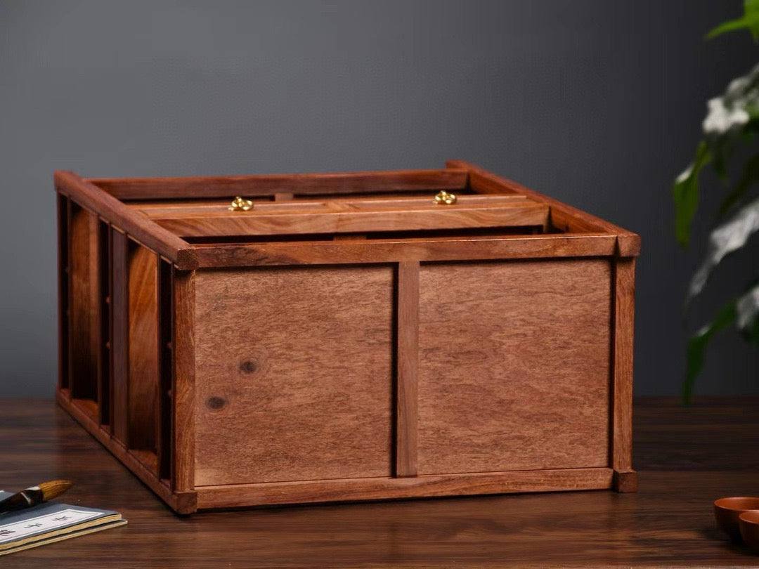 Burmese Padauk 3-Tier Tea Side Cabinet with Double Drawers & Rail Shelves – Elegant & Functional