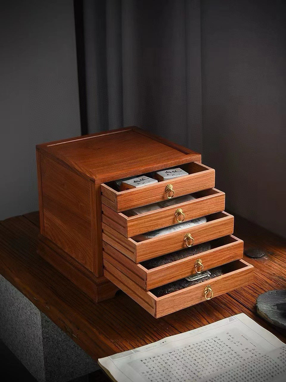 Burmese Padauk 5-Drawer Mini Cabinet – Elegant Desktop Organizer