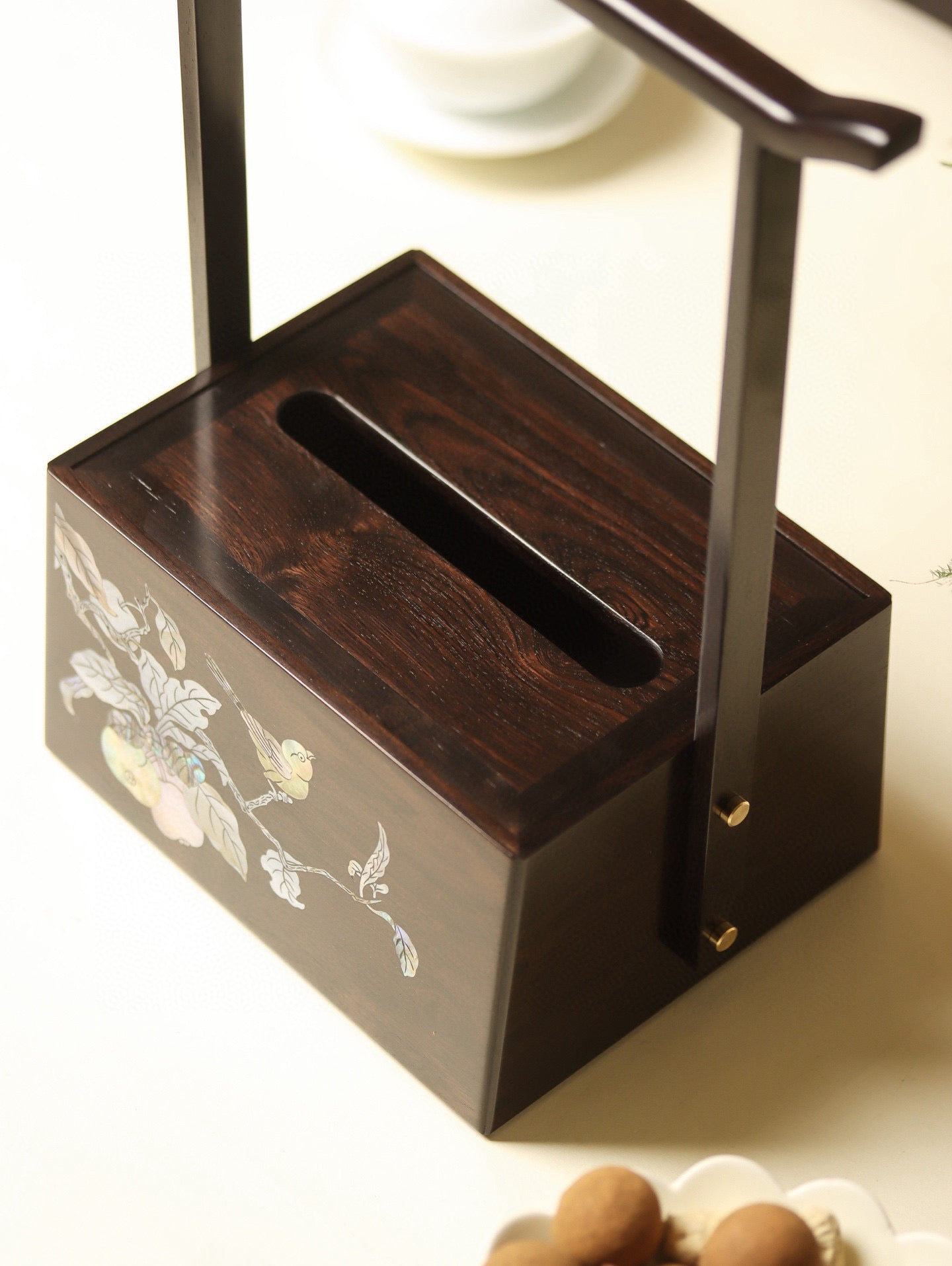 Zitan Tissue Box with Handle – Ming Style Design, Mother-of-Pearl Inlay or Plain Finish