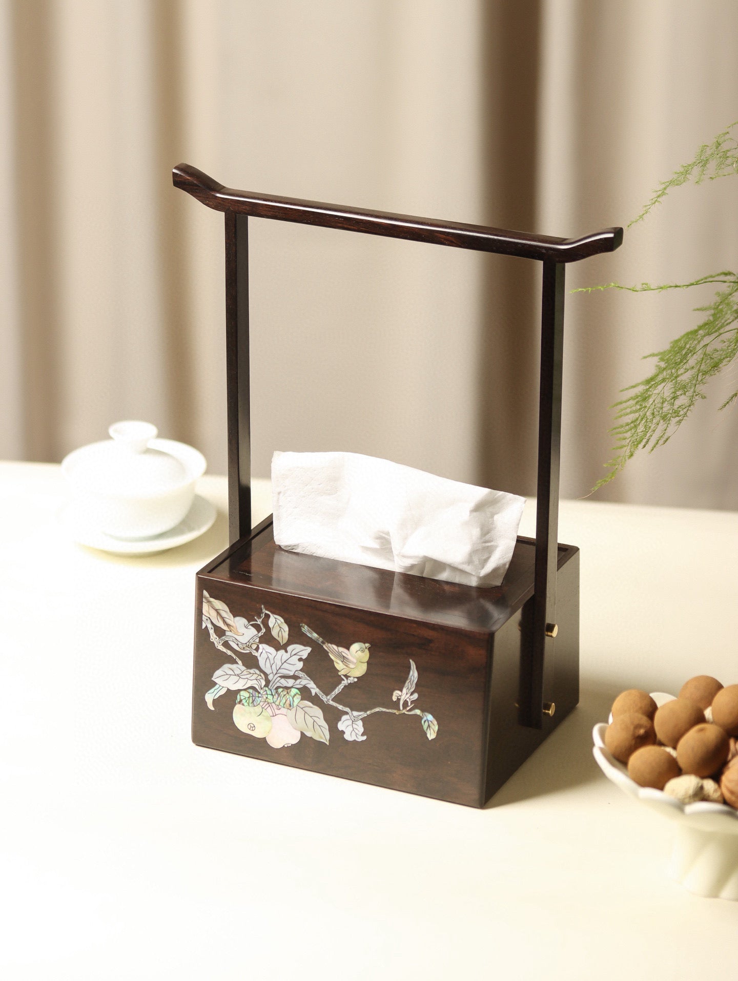 Zitan Tissue Box with Handle – Ming Style Design, Mother-of-Pearl Inlay or Plain Finish