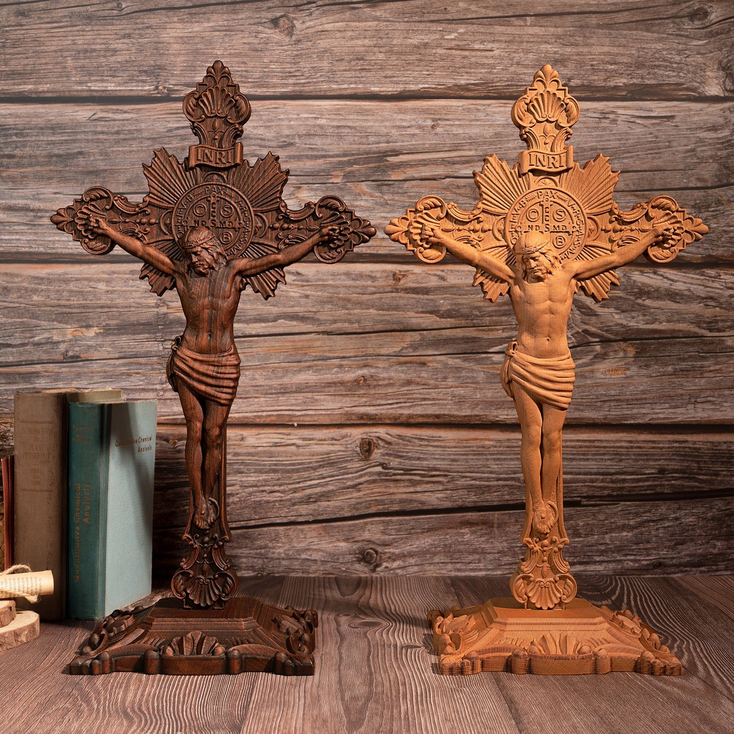 Solid Beech Wood Crucifix with Saint Benedict Medal – Religious Home Decoration
