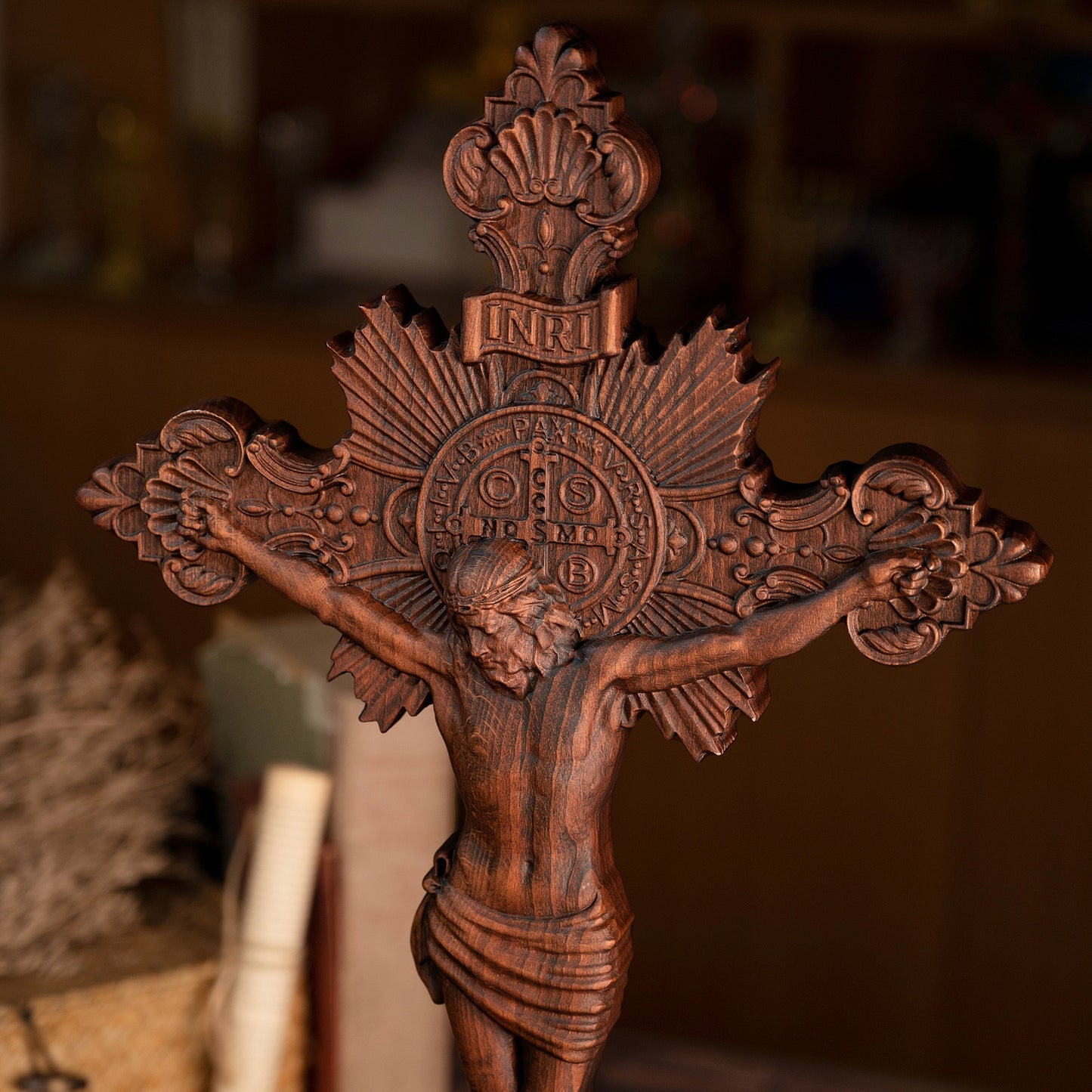 Solid Beech Wood Crucifix with Saint Benedict Medal – Religious Home Decoration