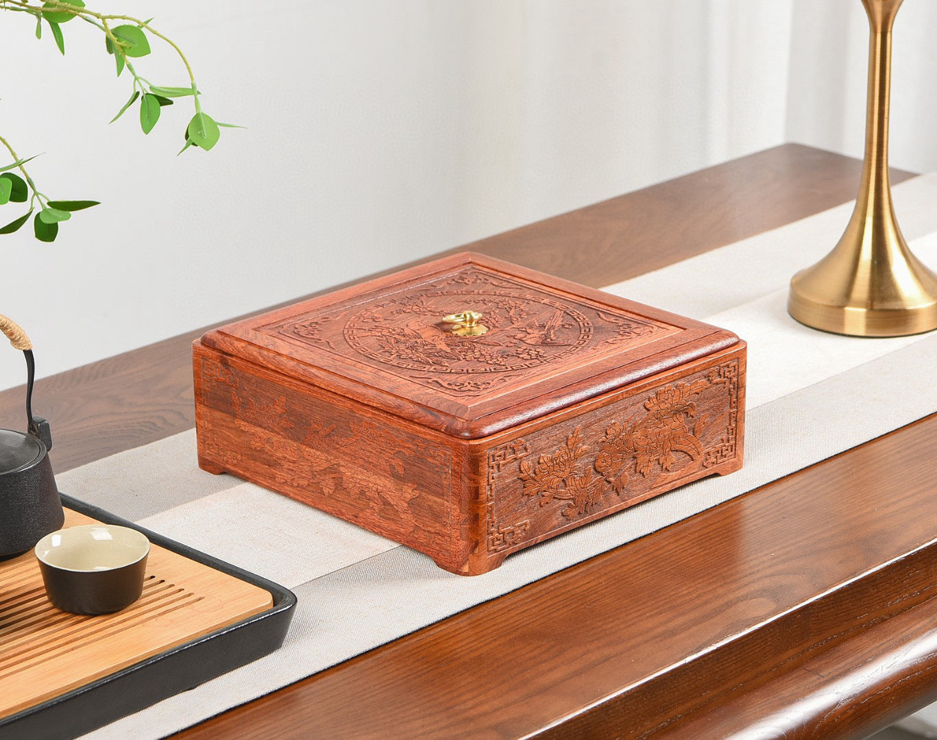 Burmese Padauk 4-Grid Carved Snack Tray with Lid – Handcrafted Wooden Gift Box