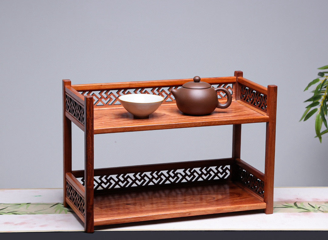 Two-Tier Solid Wood Storage Rack – Burmese Padauk – Mortise & Tenon Joinery (40×19×27cm)