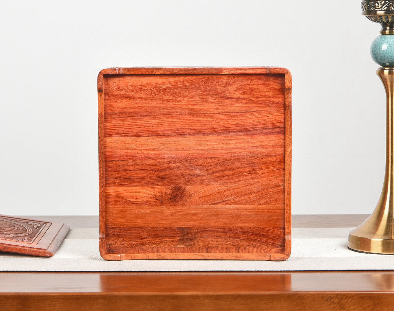 Burmese Padauk 4-Grid Carved Snack Tray with Lid – Handcrafted Wooden Gift Box