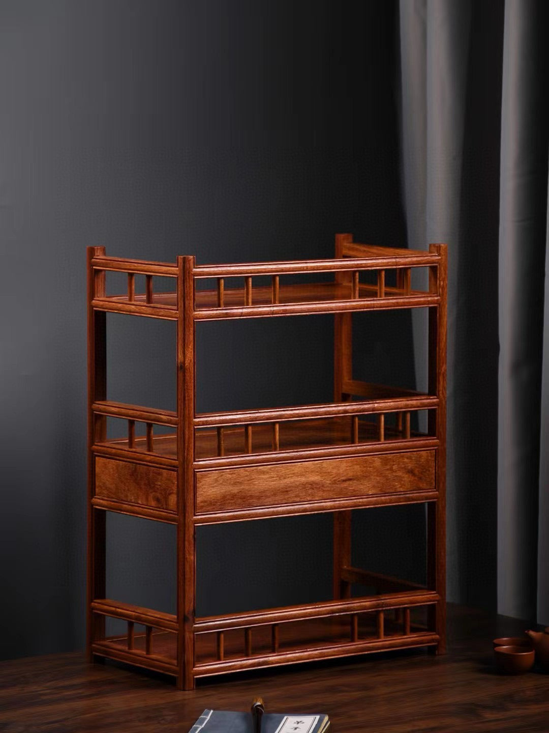 Burmese Padauk 3-Tier Tea Side Cabinet with Double Drawers & Rail Shelves – Elegant & Functional