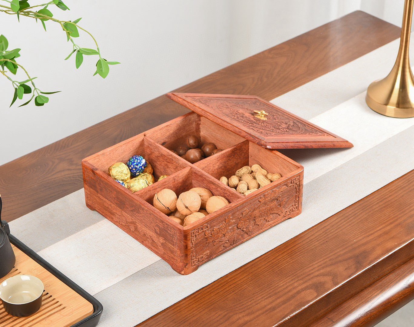 Burmese Padauk 4-Grid Carved Snack Tray with Lid – Handcrafted Wooden Gift Box
