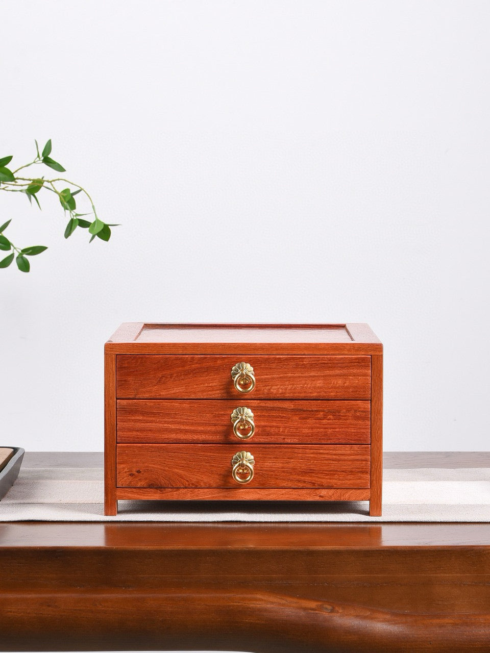 Drawer Tea Box – Burmese Padauk | 3-Drawer Organizer for Tea & Storage | Mortise Tenon Craft | Moisture-Resistant Solid Wood Box