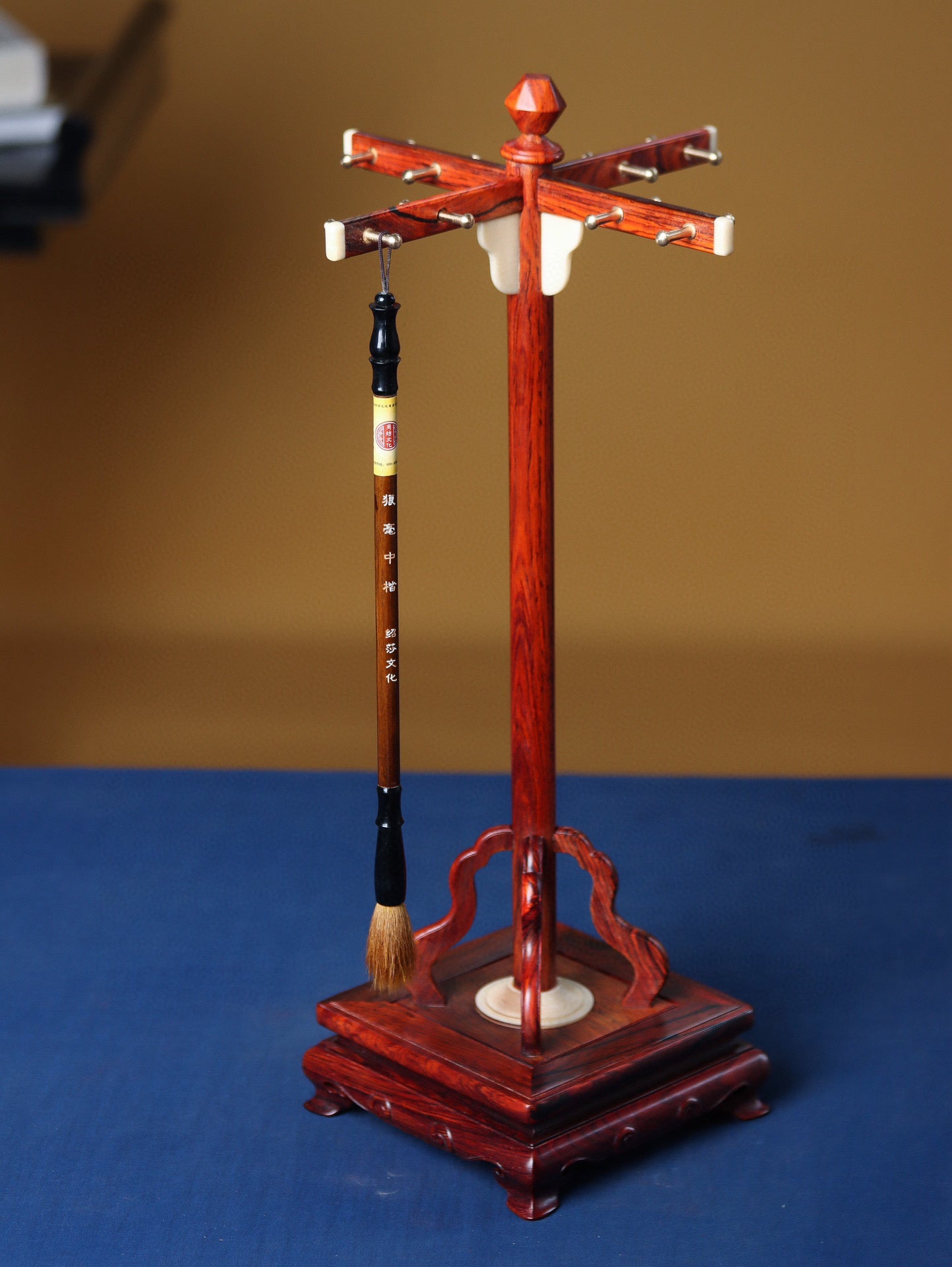 Rosewood 16-Hook Cross Brush Stand – Handcrafted Calligraphy Display, Solid South American Wood