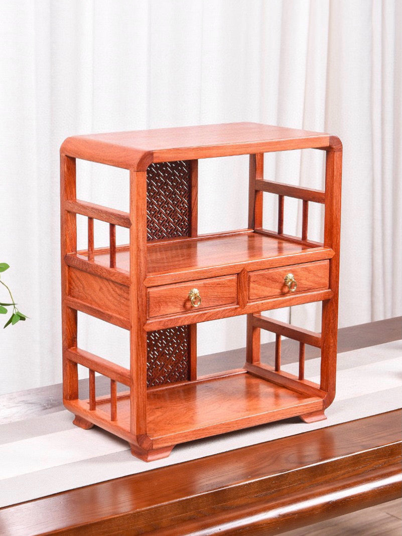 Burmese Padauk Tea Side Cabinet – Rounded Corners, Dual Drawers, Mortise & Tenon, Hollowed Back