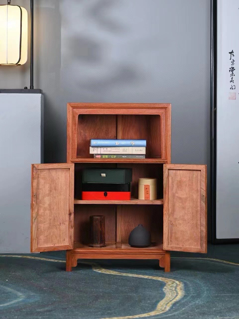 Burmese Padauk Wanli Cabinet – Liangge Display & Storage – Solid One-Piece Panel – 74.5cm High