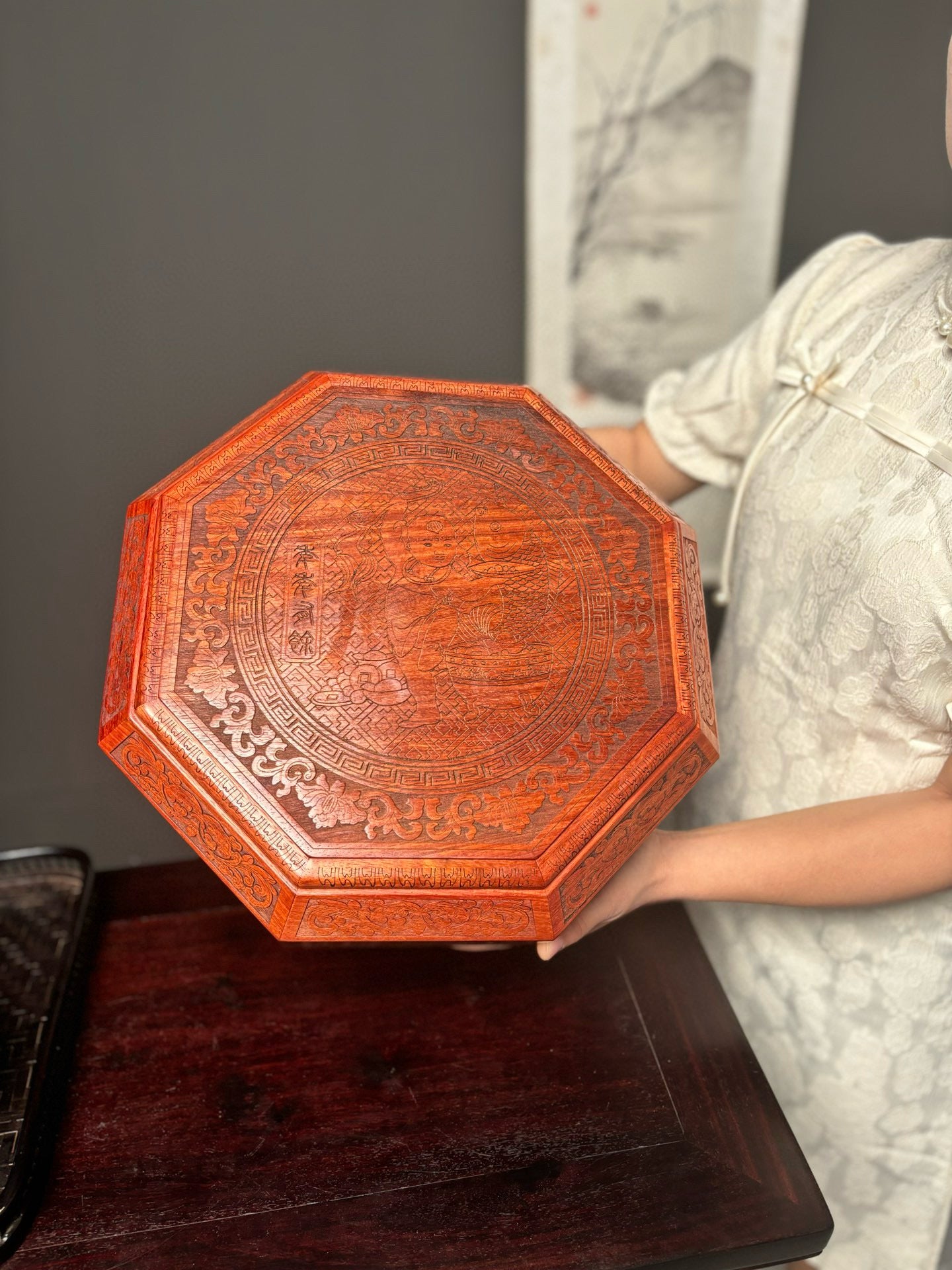 Burmese Padauk Rotating Snack Tray – Fortune Spinner with Mortise & Tenon Craft