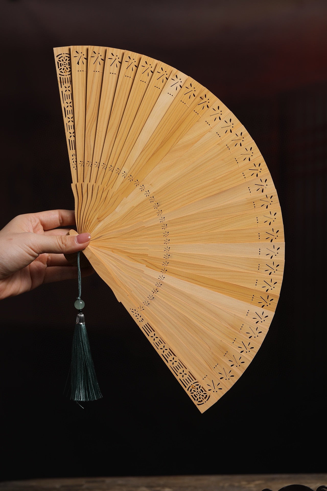Dragonfly Charm - Handcrafted Suzhou Folding Fan in Carved Thuja Wood | Decorative Desk Fan