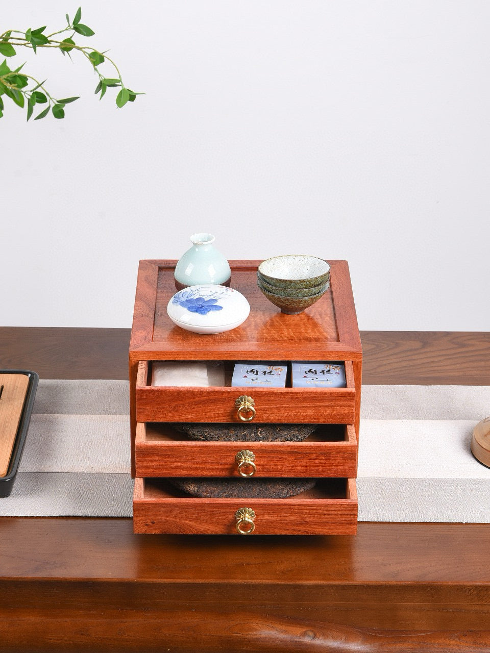 Drawer Tea Box – Burmese Padauk | 3-Drawer Organizer for Tea & Storage | Mortise Tenon Craft | Moisture-Resistant Solid Wood Box