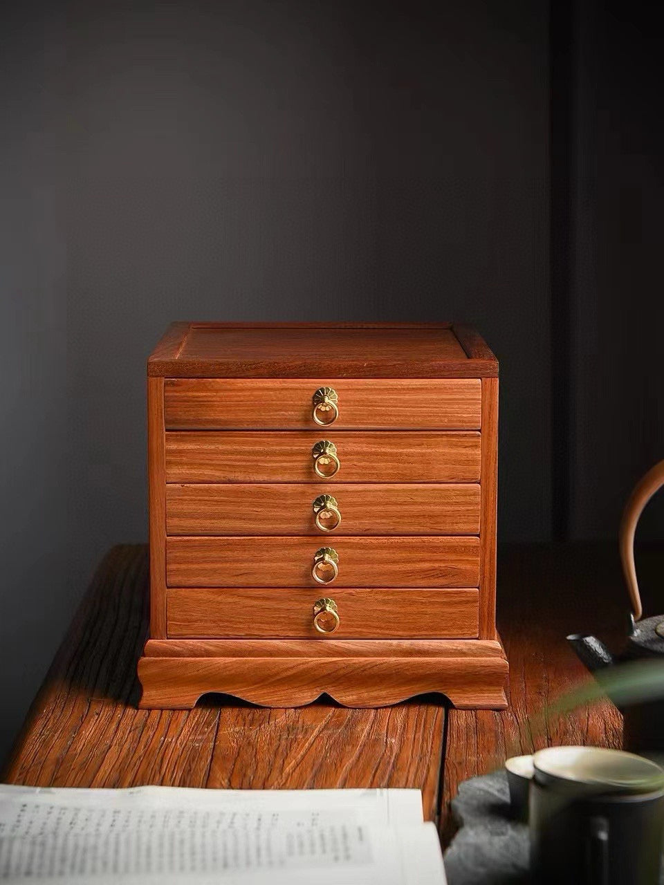 Burmese Padauk 5-Drawer Mini Cabinet – Elegant Desktop Organizer