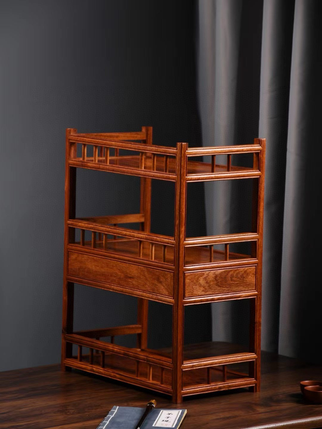 Burmese Padauk 3-Tier Tea Side Cabinet with Double Drawers & Rail Shelves – Elegant & Functional