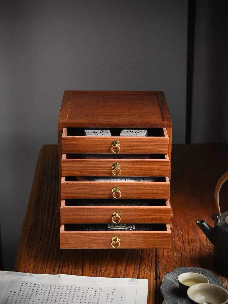 Burmese Padauk 5-Drawer Mini Cabinet – Elegant Desktop Organizer