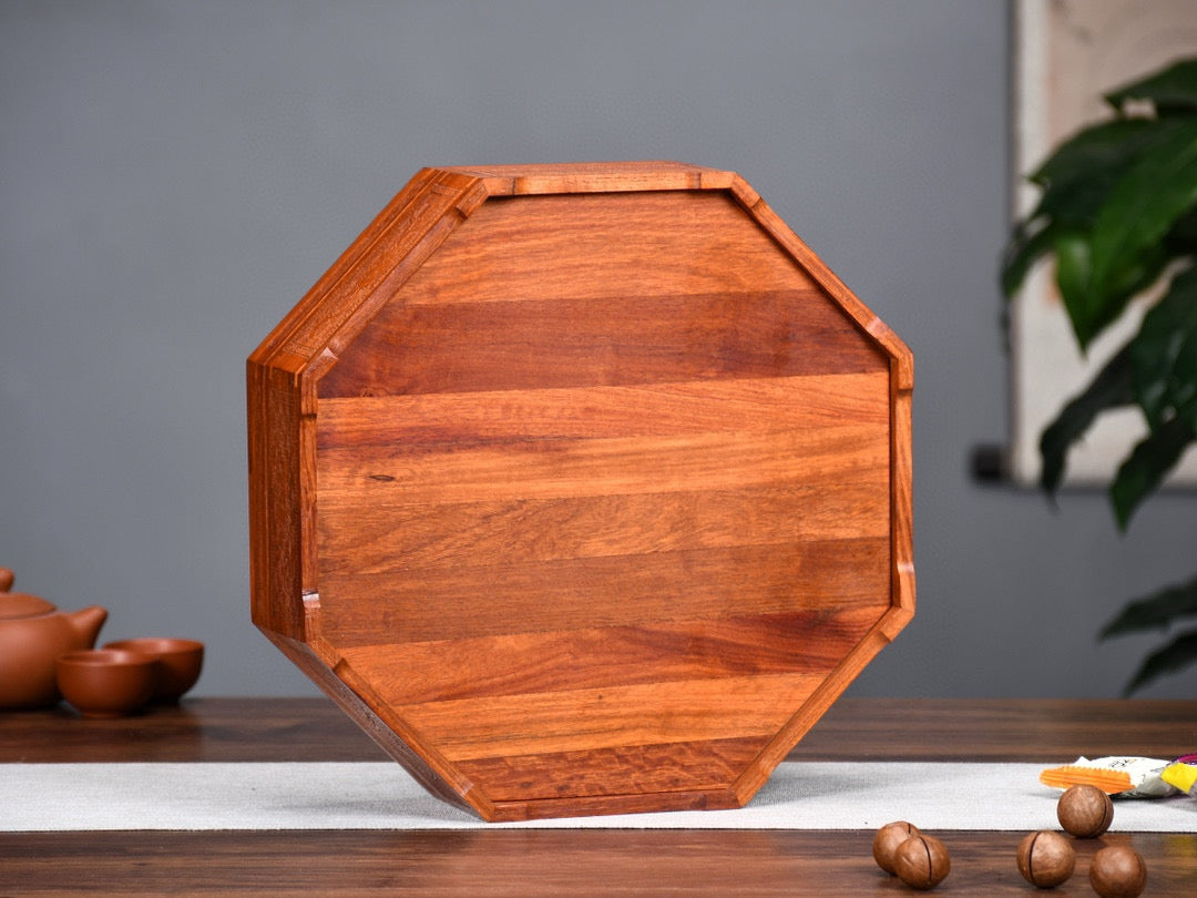 Burmese Padauk Carved Octagonal Fruit Tray – Mortise & Tenon Craftsmanship, Finely Detailed