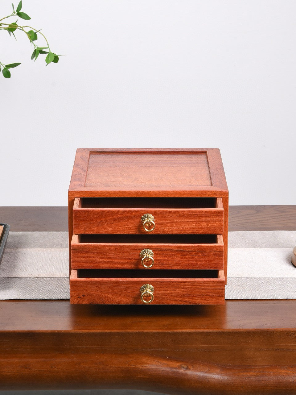 Drawer Tea Box – Burmese Padauk | 3-Drawer Organizer for Tea & Storage | Mortise Tenon Craft | Moisture-Resistant Solid Wood Box