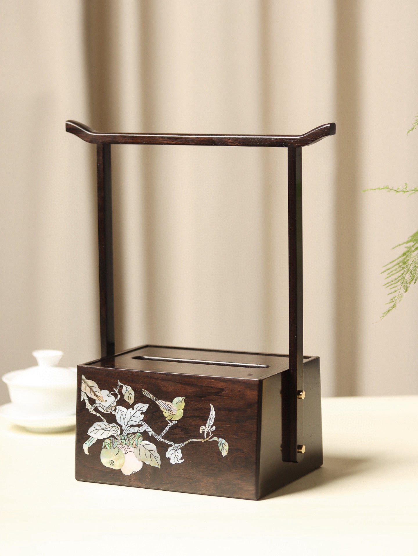 Zitan Tissue Box with Handle – Ming Style Design, Mother-of-Pearl Inlay or Plain Finish