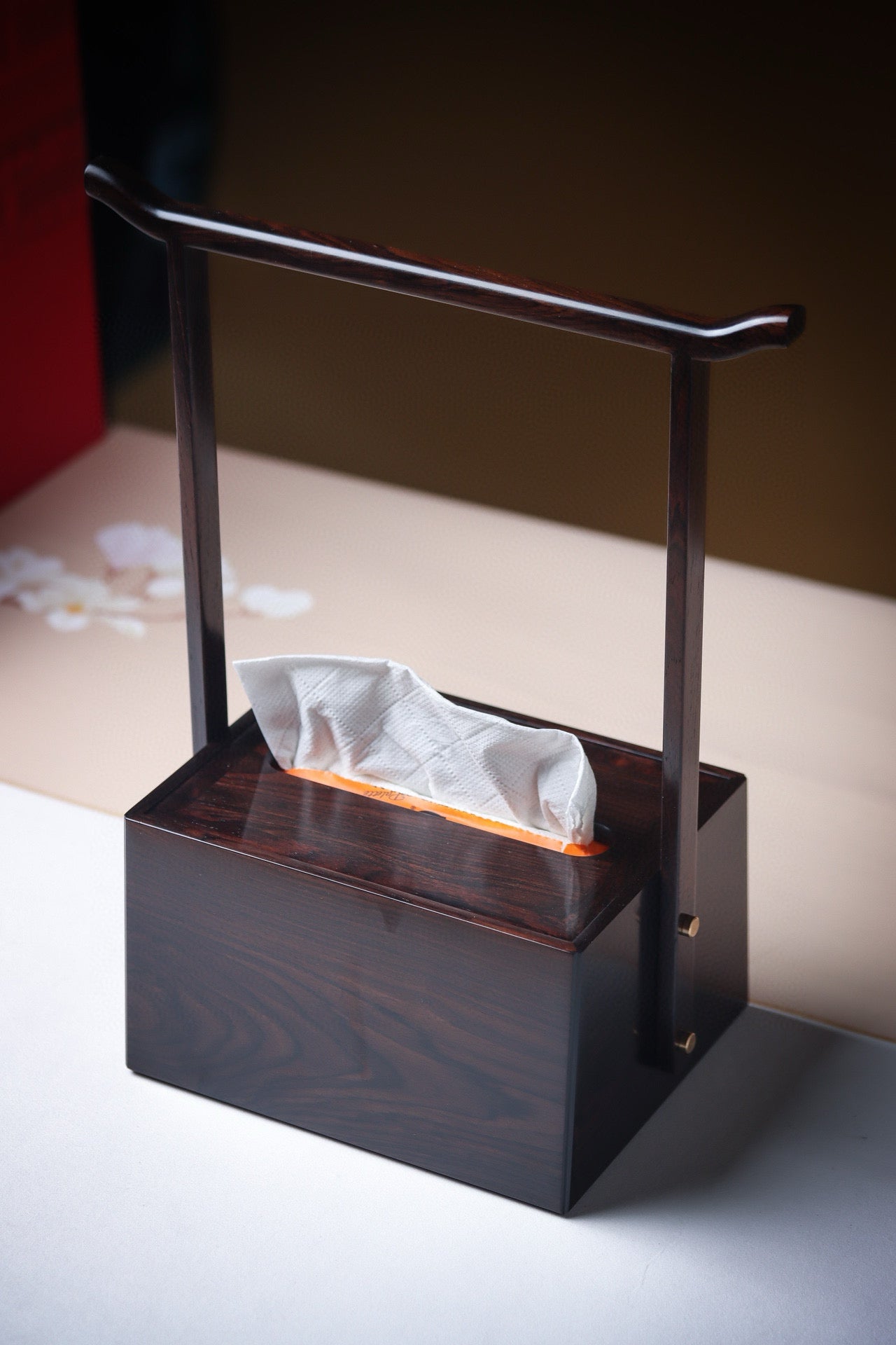 Zitan Tissue Box with Handle – Ming Style Design, Mother-of-Pearl Inlay or Plain Finish