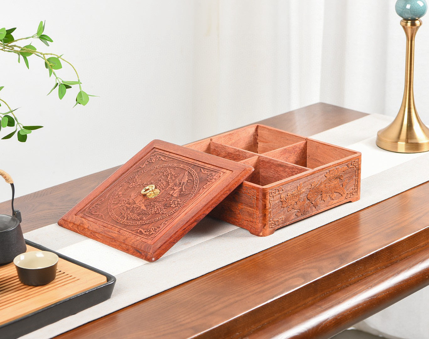 Burmese Padauk 4-Grid Carved Snack Tray with Lid – Handcrafted Wooden Gift Box