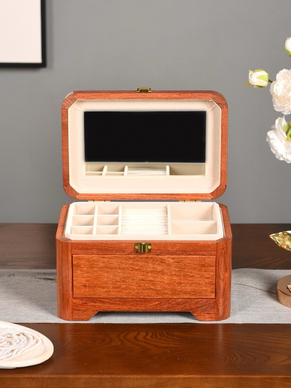 Burmese Padauk Portable Mirror Box · Solid Wood · All-Board Construction