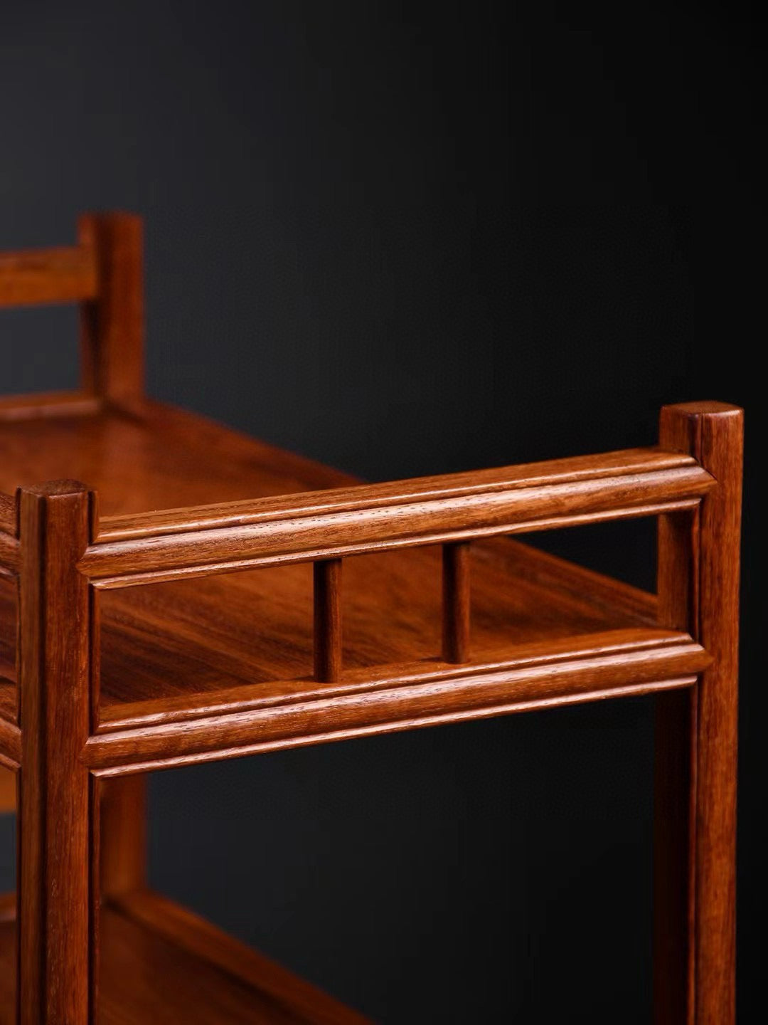 Burmese Padauk 3-Tier Tea Side Cabinet with Double Drawers & Rail Shelves – Elegant & Functional