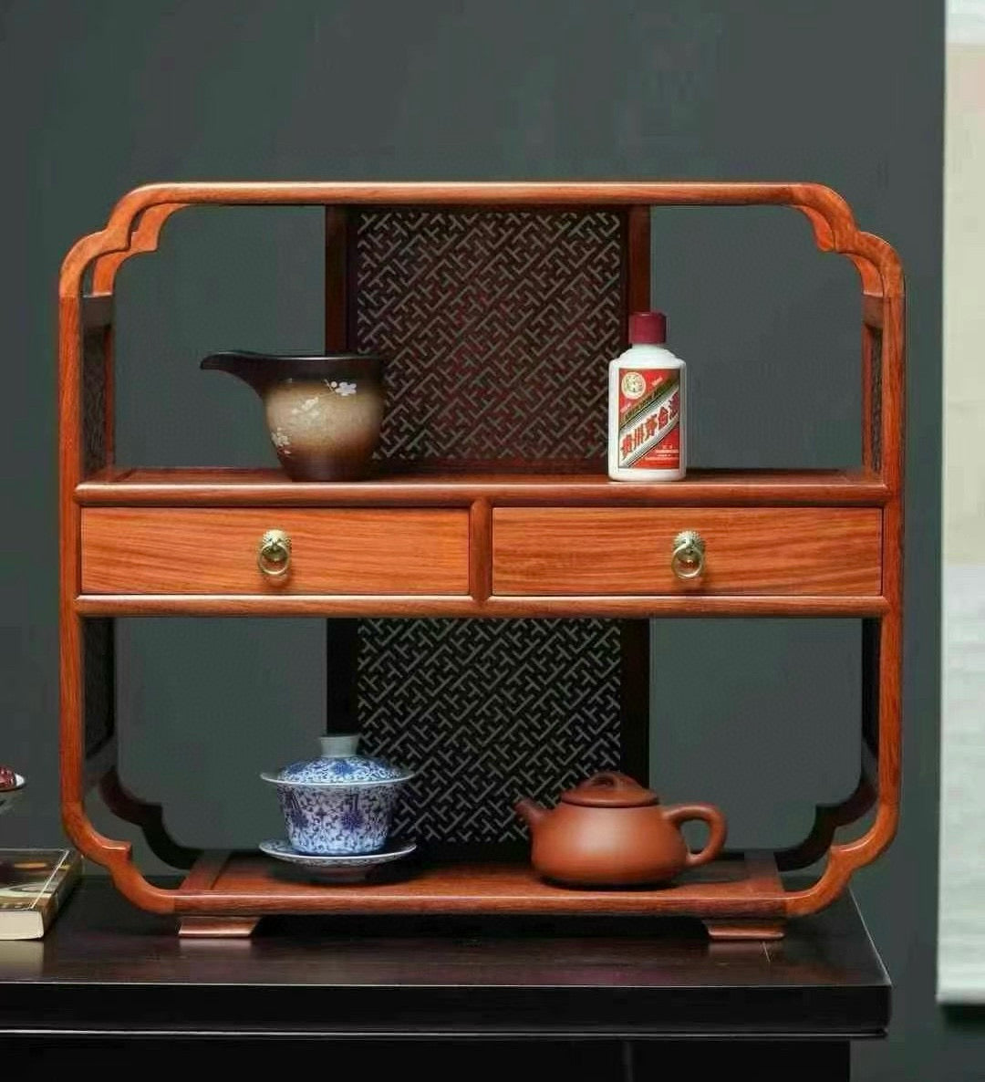 Burmese Padauk Tea Side Cabinet with Carved Acanthus Corners – Hollowed Design & Refined Craft