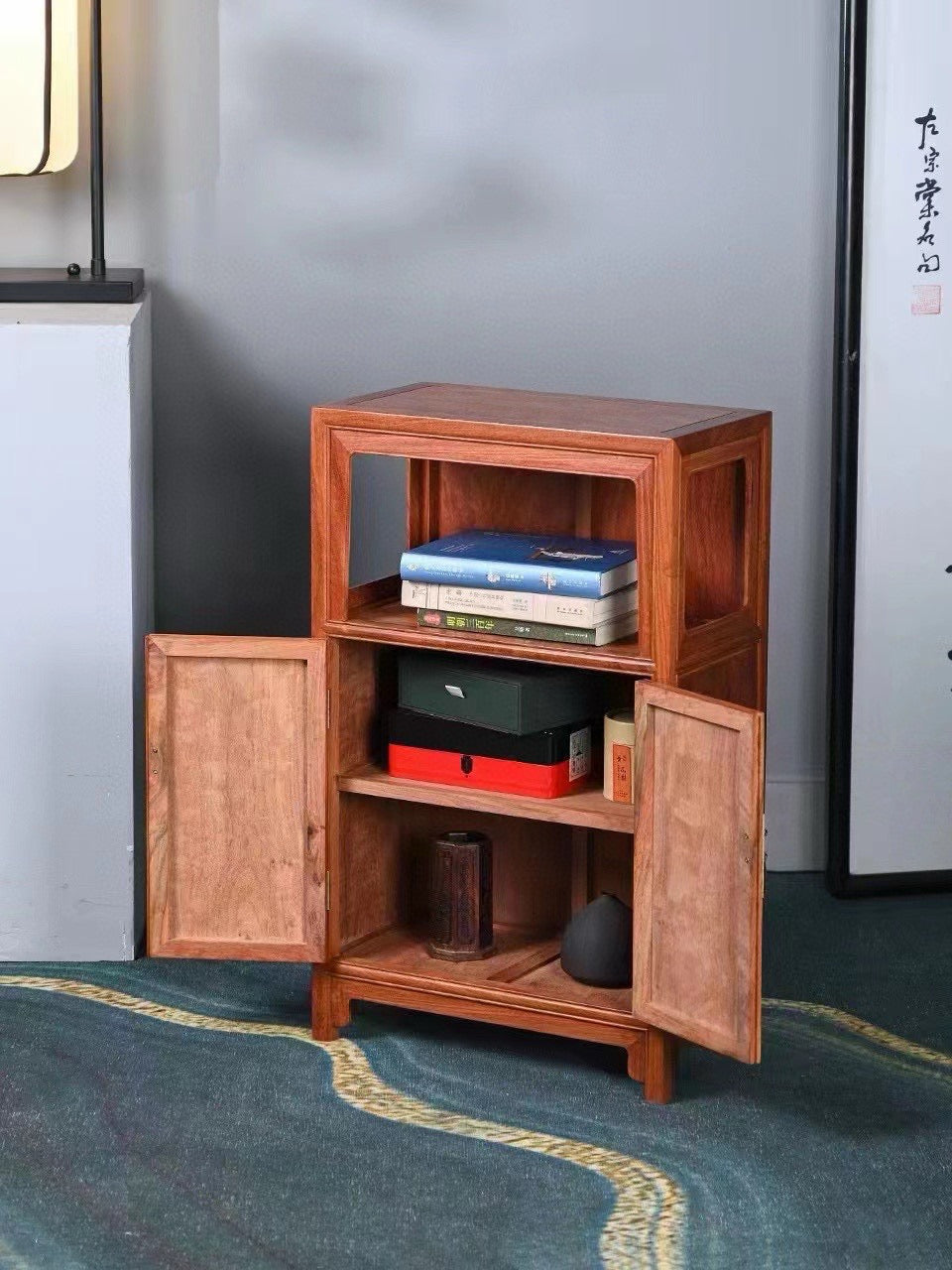 Burmese Padauk Wanli Cabinet – Liangge Display & Storage – Solid One-Piece Panel – 74.5cm High