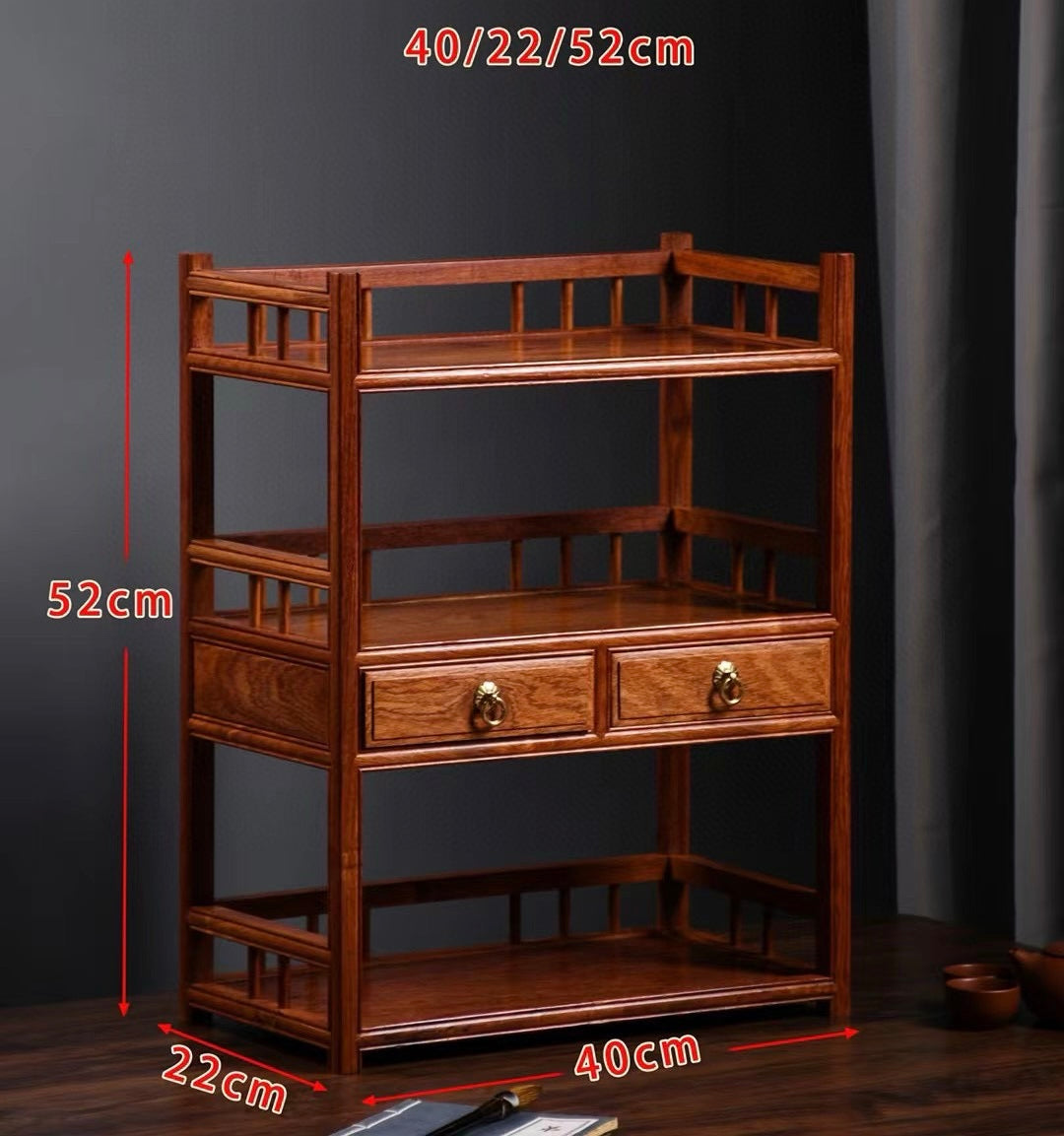 Burmese Padauk 3-Tier Tea Side Cabinet with Double Drawers & Rail Shelves – Elegant & Functional