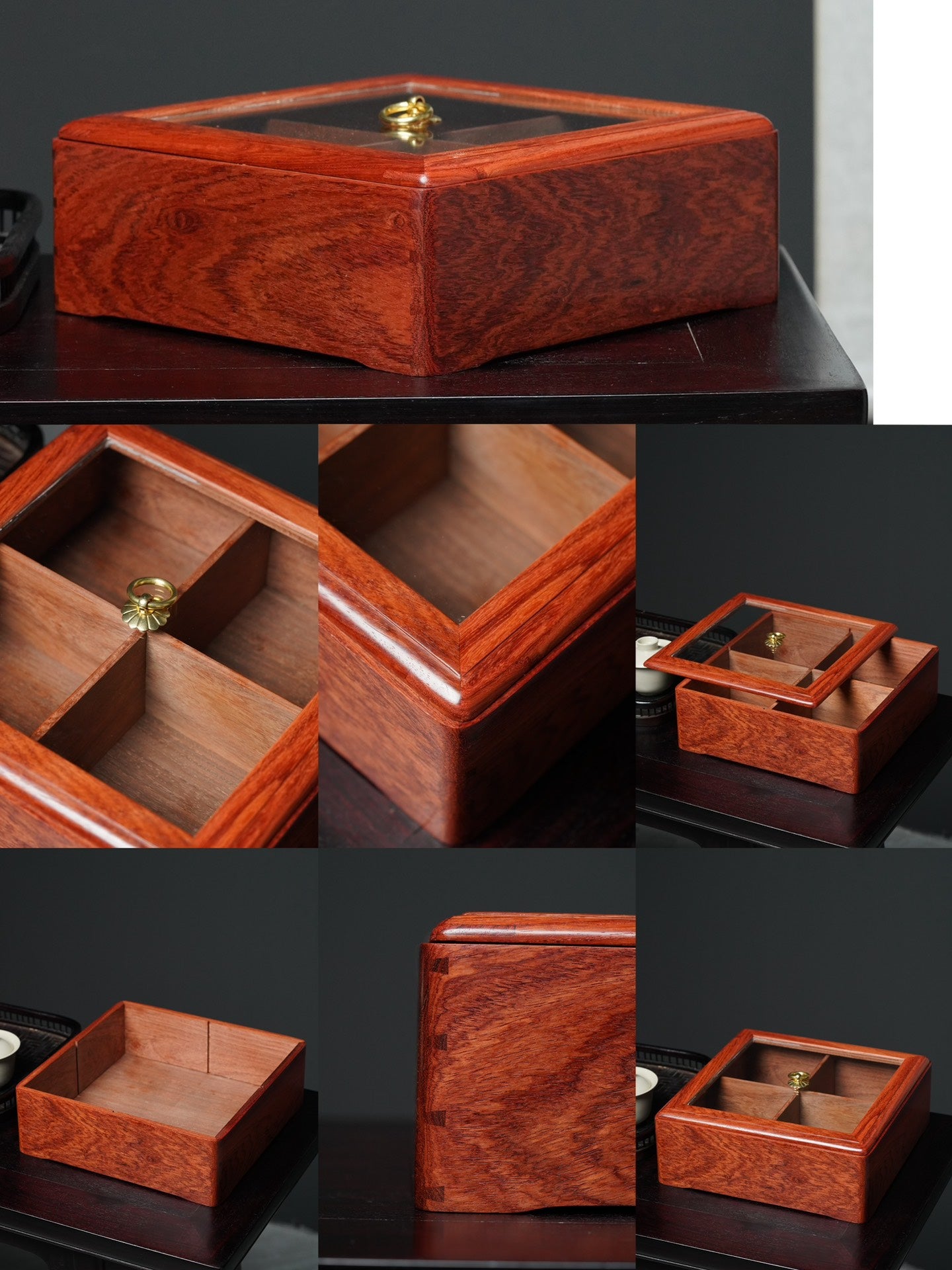 Burmese Padauk Four-Square Fruit Plate – Handcrafted with Dovetail Joint – 24×24×9 cm