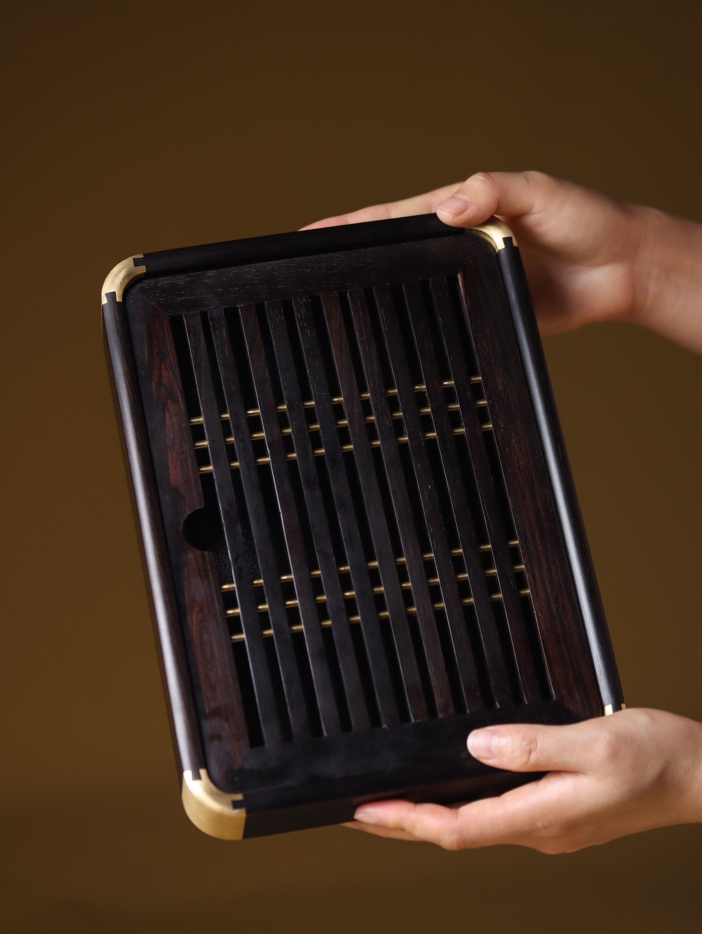 Ebony Gongfu Tea Tray – Mortise & Tenon with Brass Fittings, Minimalist Design (26.5×19.5×4cm)
