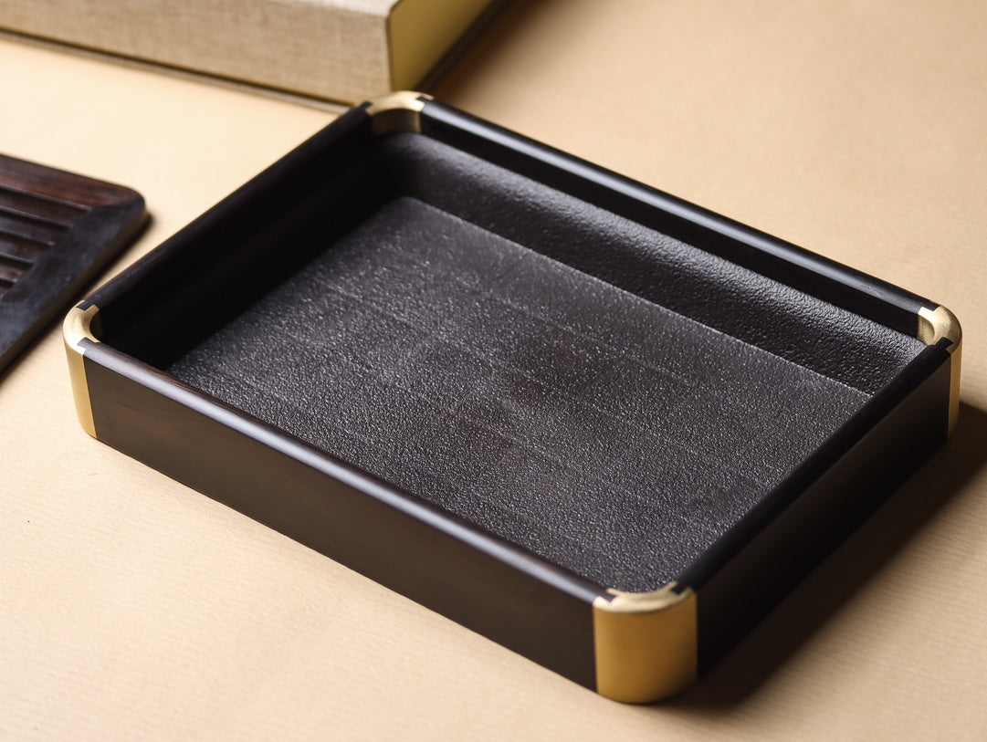 Ebony Gongfu Tea Tray – Mortise & Tenon with Brass Fittings, Minimalist Design (26.5×19.5×4cm)