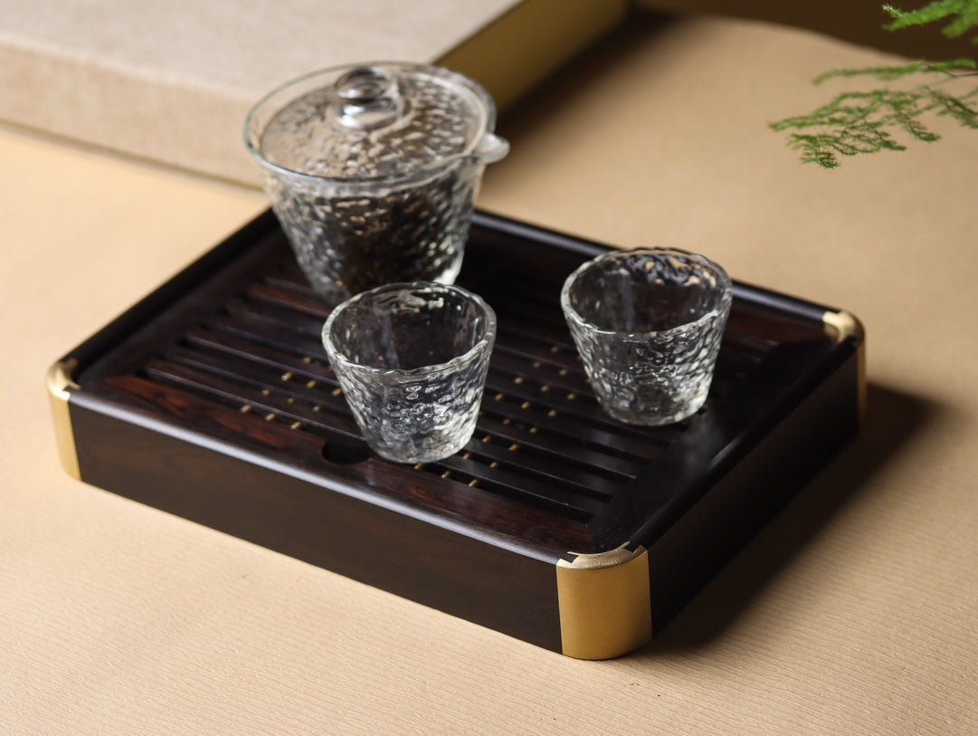 Ebony Gongfu Tea Tray – Mortise & Tenon with Brass Fittings, Minimalist Design (26.5×19.5×4cm)