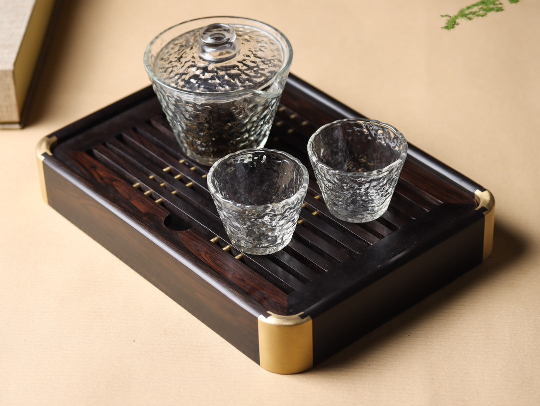 Ebony Gongfu Tea Tray – Mortise & Tenon with Brass Fittings, Minimalist Design (26.5×19.5×4cm)
