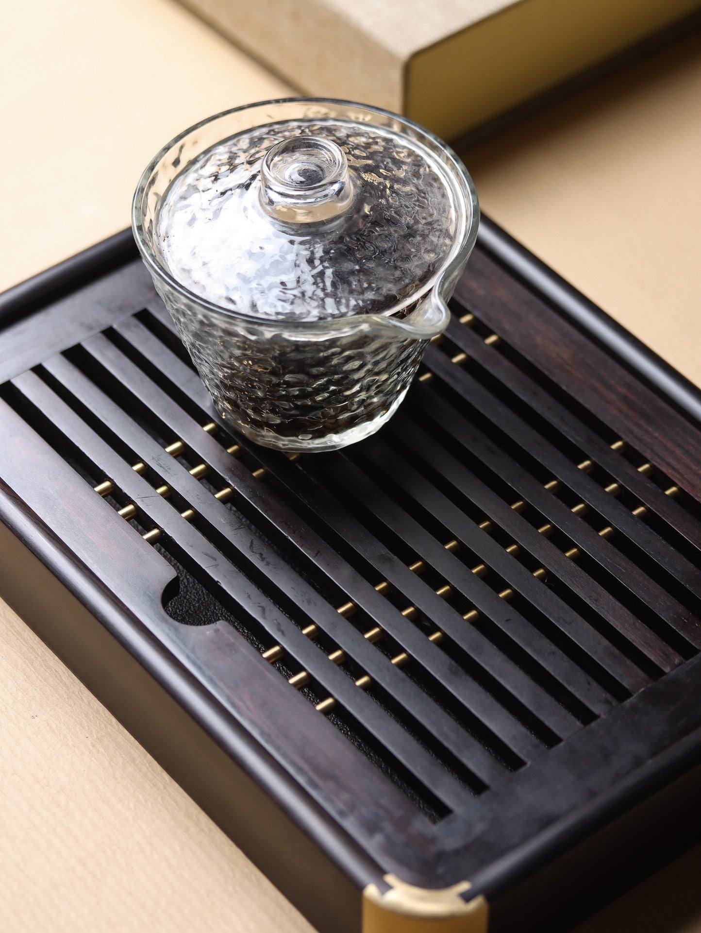 Ebony Gongfu Tea Tray – Mortise & Tenon with Brass Fittings, Minimalist Design (26.5×19.5×4cm)