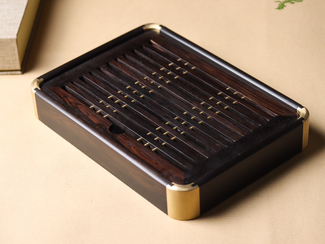 Ebony Gongfu Tea Tray – Mortise & Tenon with Brass Fittings, Minimalist Design (26.5×19.5×4cm)