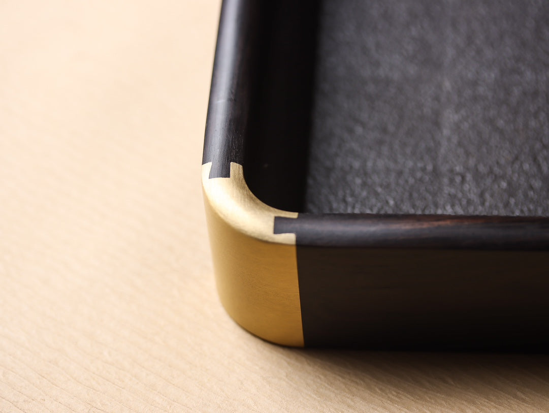 Ebony Gongfu Tea Tray – Mortise & Tenon with Brass Fittings, Minimalist Design (26.5×19.5×4cm)
