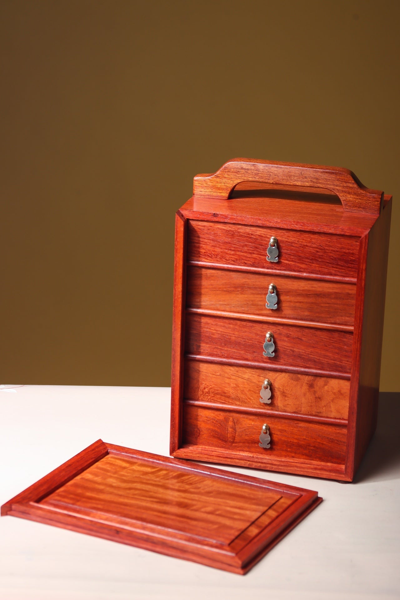 Portable 5-Drawer Chest in Burmese Padauk – Mortise and Tenon, Solid Panel, Elegant Craft