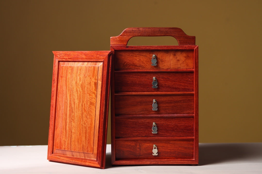 Portable 5-Drawer Chest in Burmese Padauk – Mortise and Tenon, Solid Panel, Elegant Craft