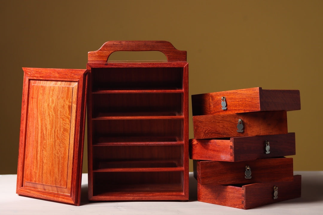 Portable 5-Drawer Chest in Burmese Padauk – Mortise and Tenon, Solid Panel, Elegant Craft