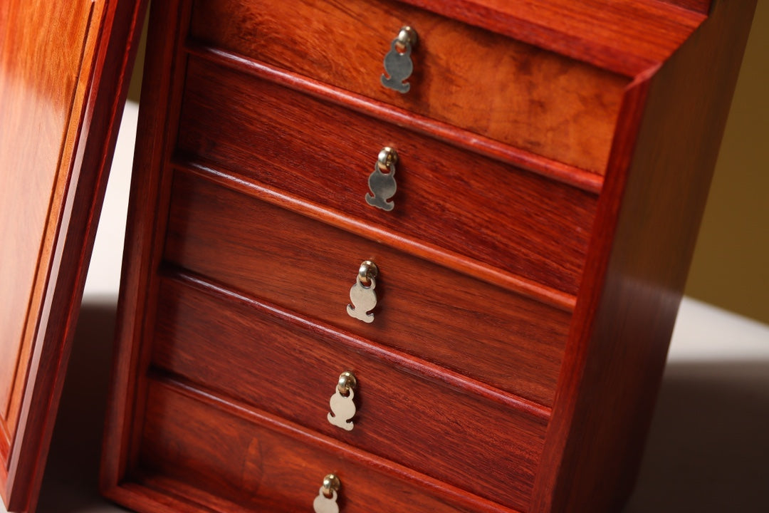 Portable 5-Drawer Chest in Burmese Padauk – Mortise and Tenon, Solid Panel, Elegant Craft