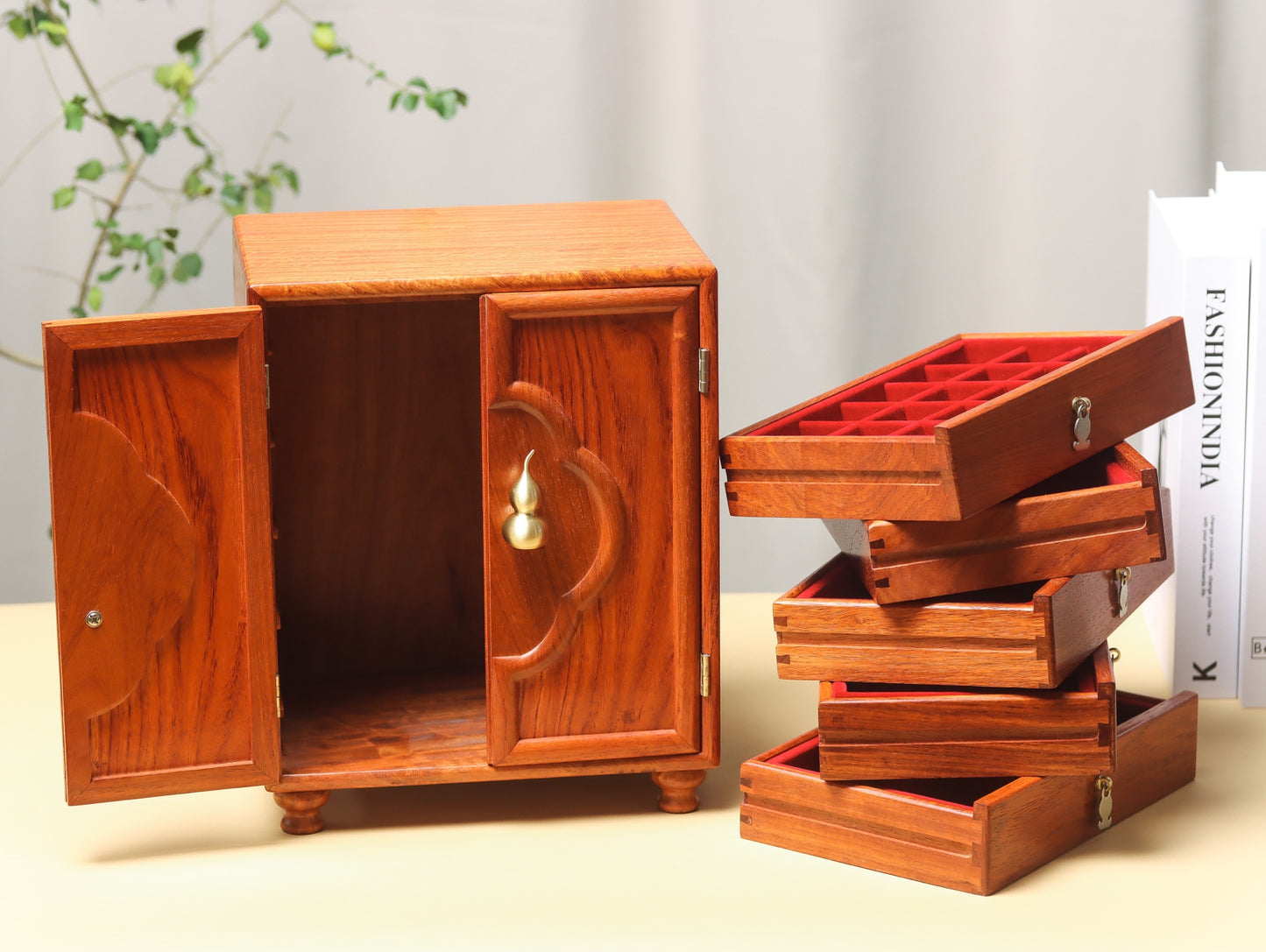 Blessing & Fortune 5-Drawer Jewelry Box in Burmese Padauk – Solid Wood & Traditional Joinery