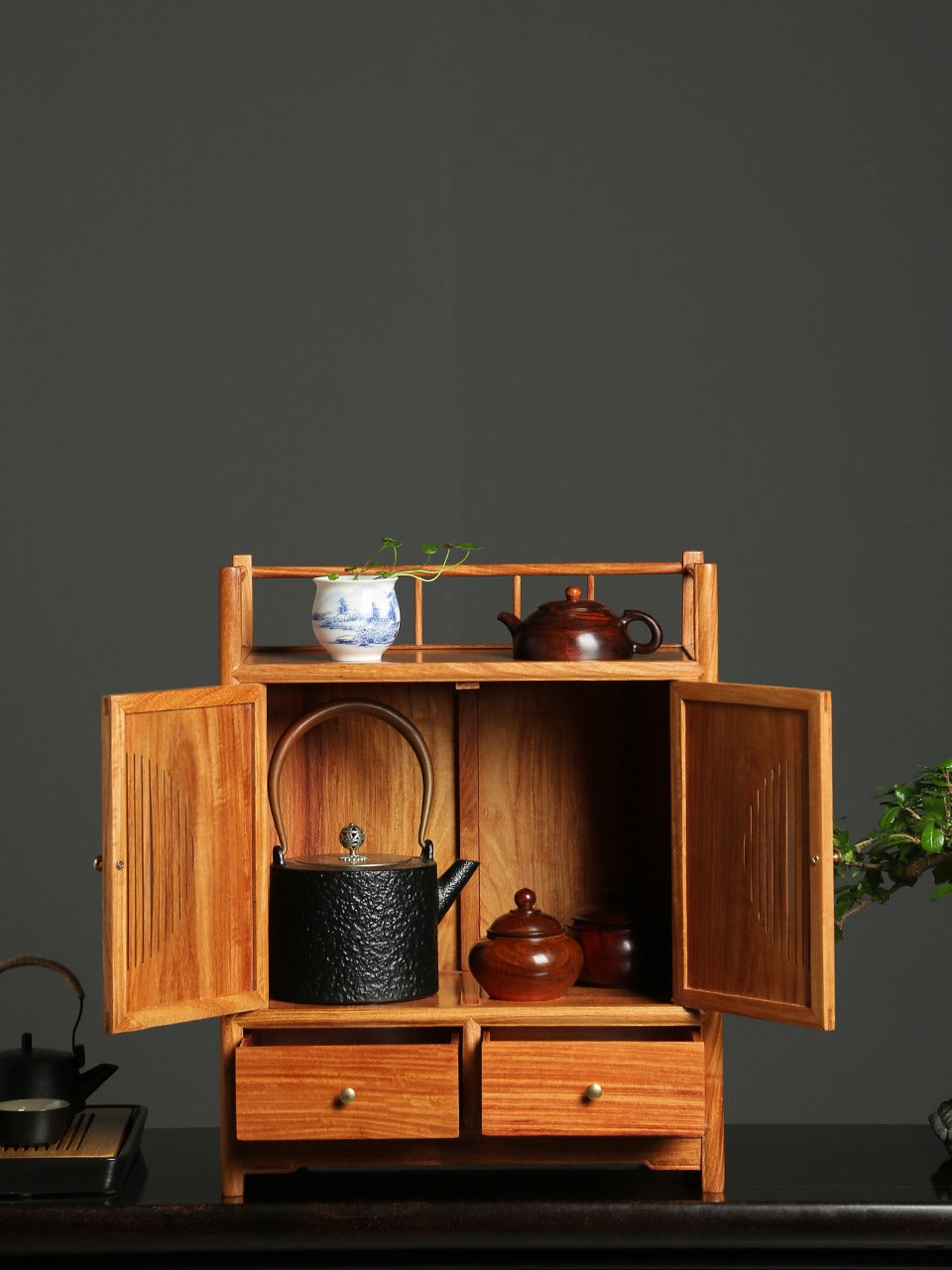 Tea Cabinet with Double Drawers – Solid Burmese Padauk – Mortise & Tenon Craftsmanship (38.5×22.5×48cm)