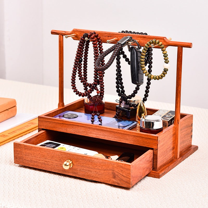Burmese Padauk Organizer Stand – Solid Wood Desktop Storage Rack – Rustic Entryway Decor (27×19×23×7.3cm)